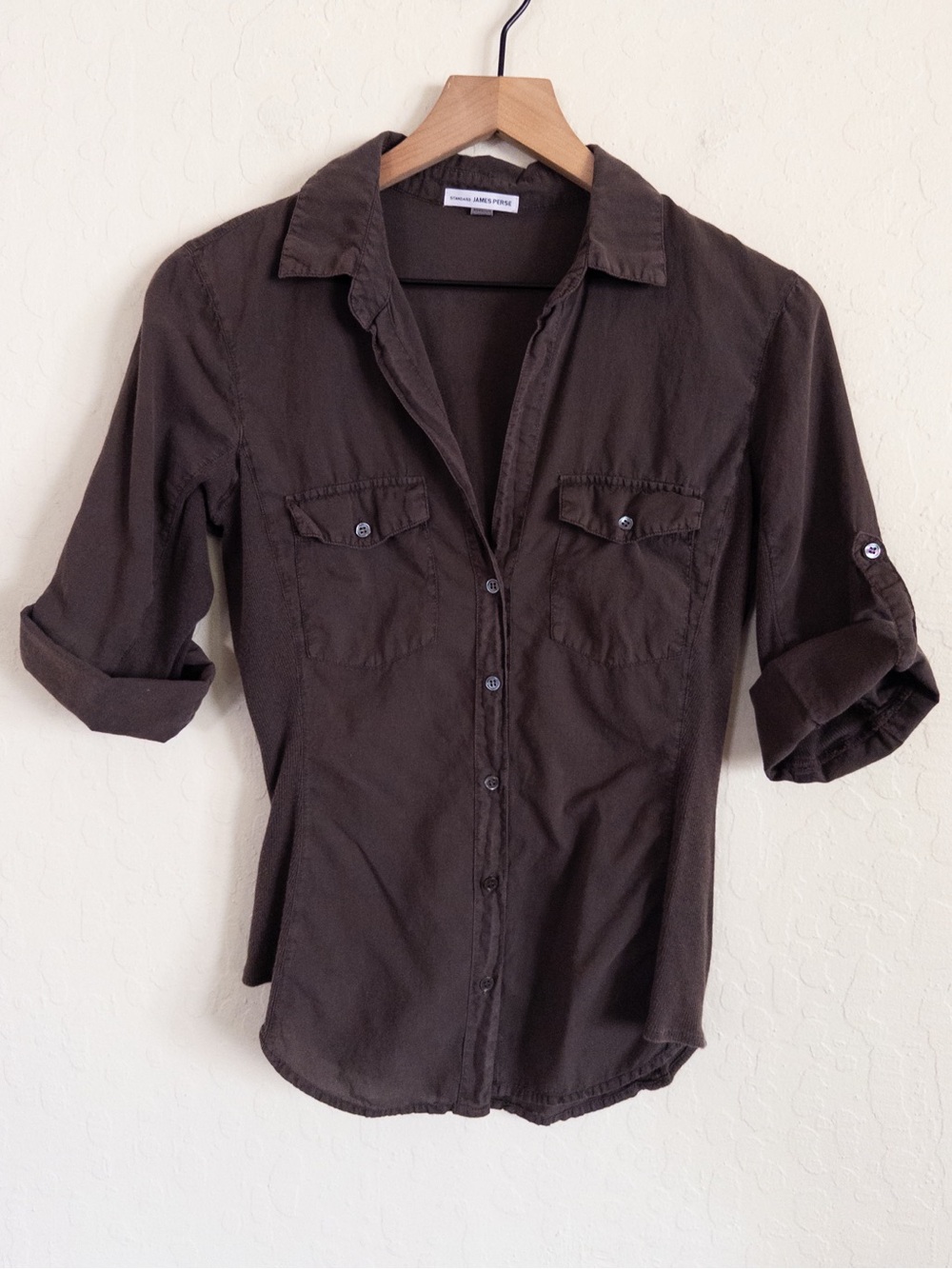James Perse 100% Cotton 3/4 Roll Tab Sleeve Button Up Shirt 2 Medium Chocolate